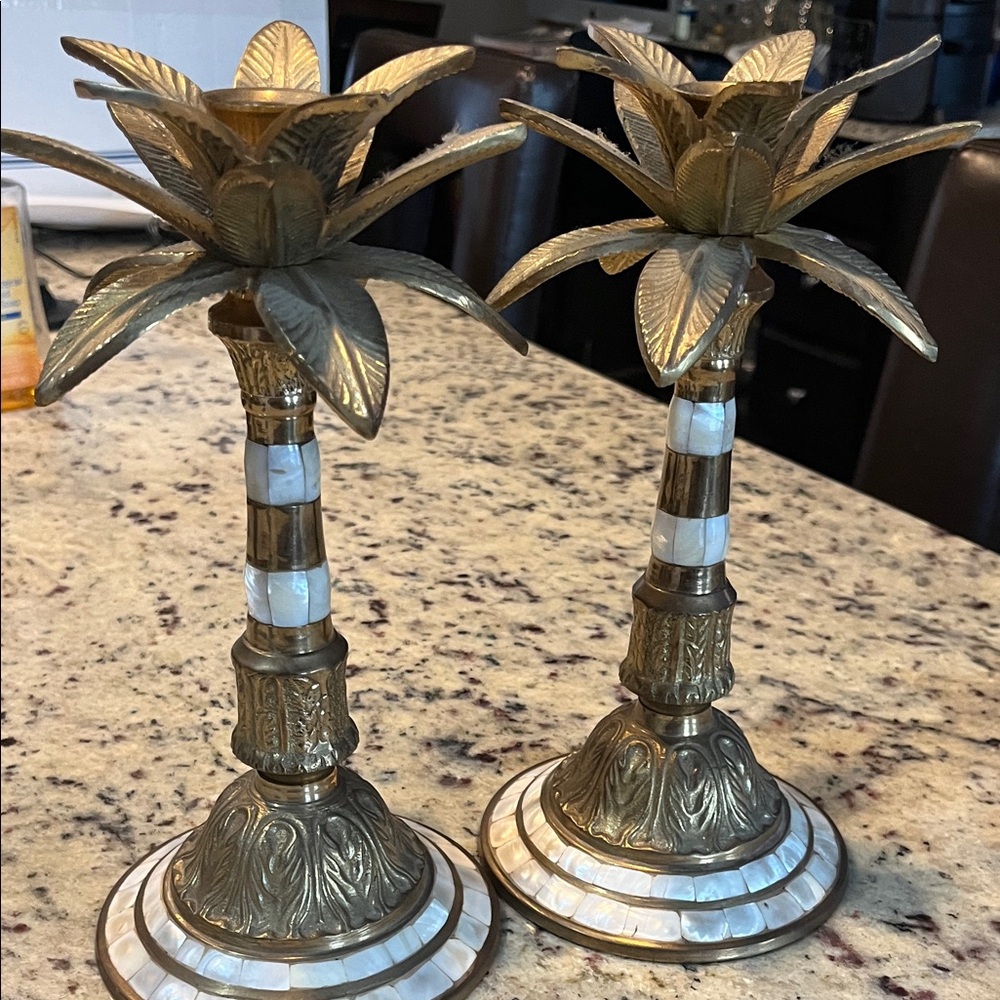 Elegant brass and mother of pearl candle holders
